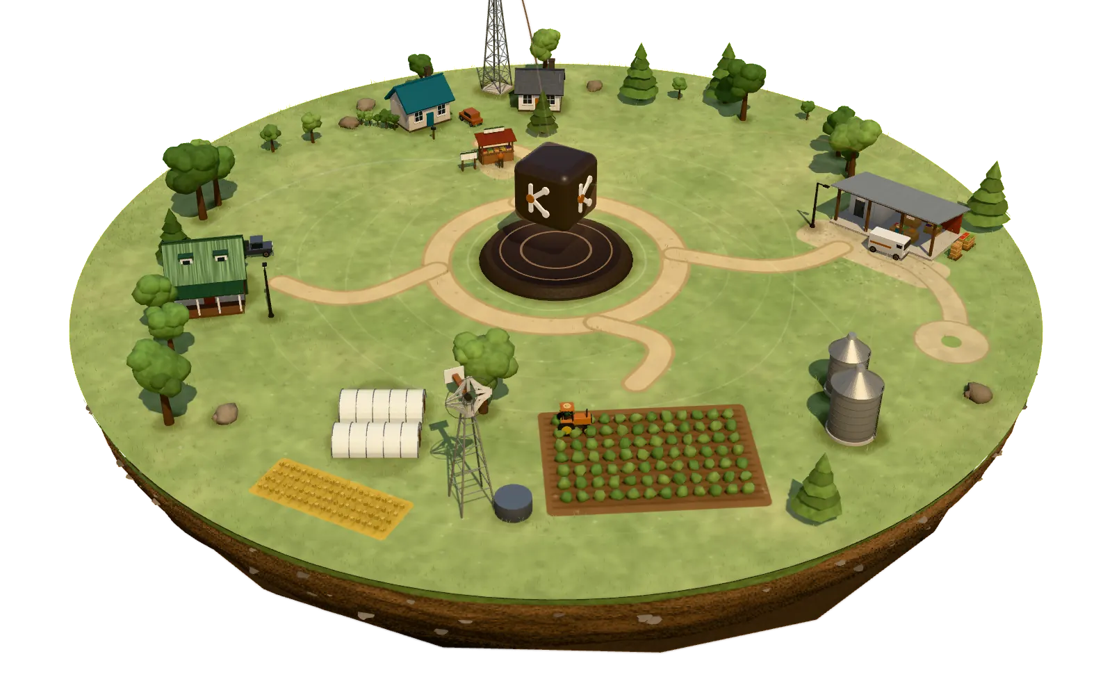 A model of a typical farm: buyers' homes and a farm stand by the road, a packing shed with crates and a delivery van, fields with a tractor at work and grain bins, and a farm office, each joined by a path to one system in the middle.