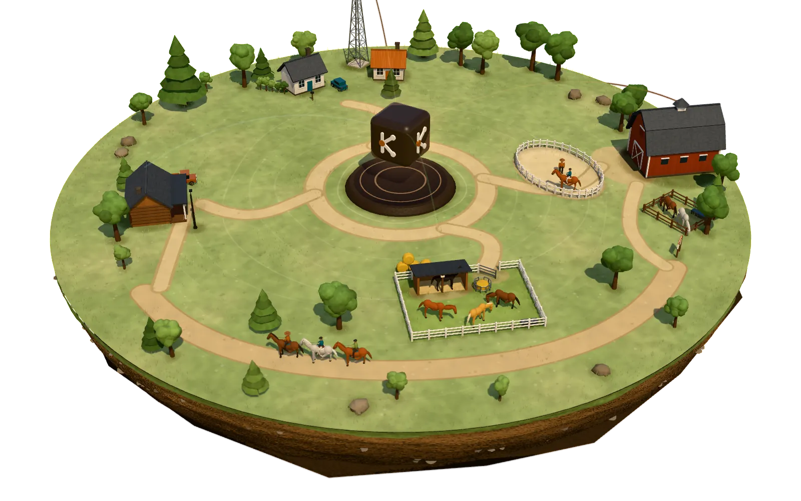 A model of a typical horse operation: riders' and owners' homes, a barn with an arena and a lesson going round, turnout with grazing horses, a trail with a string of riders, and an office, each joined by a path to one system in the middle.