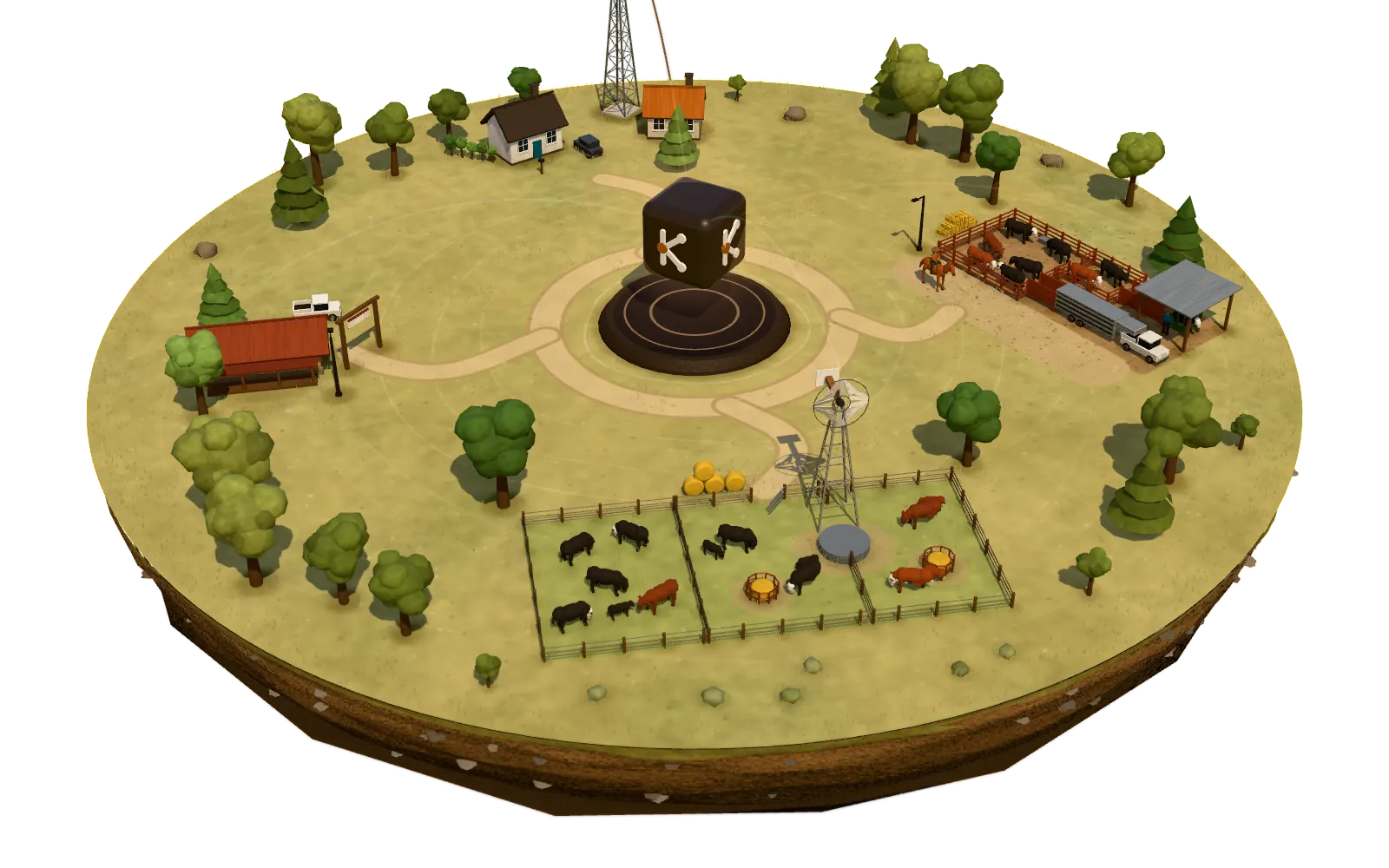 A model of a typical ranch: buyers' homes, corrals and working pens, pasture with cattle, and a ranch office, each joined by a path to one system in the middle.