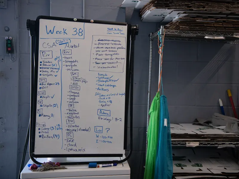 A whiteboard listing the week's farm orders and tasks