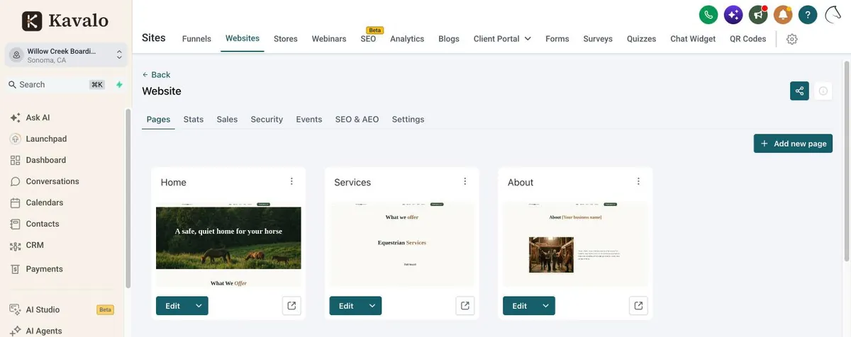 The website pages screen: Home, Services and About pages, each with an Edit button