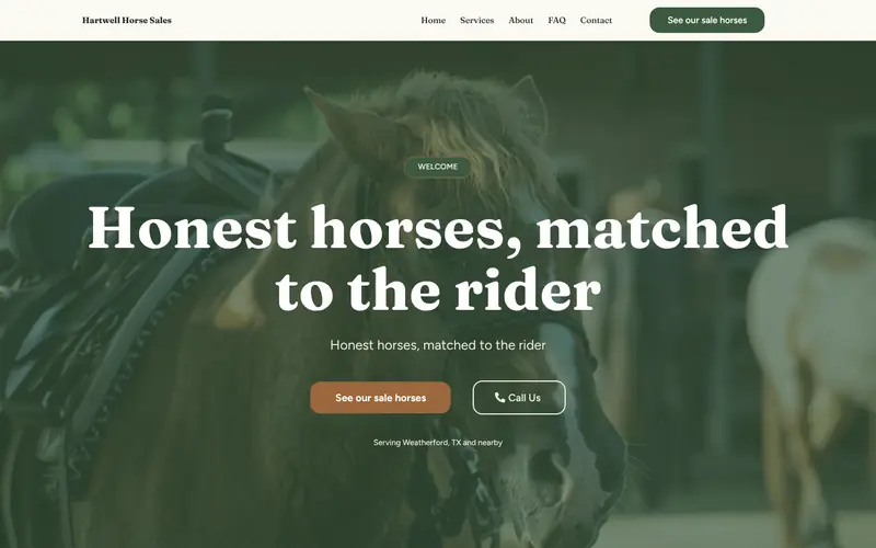 The home page of the horse sales barn template, with sample business details